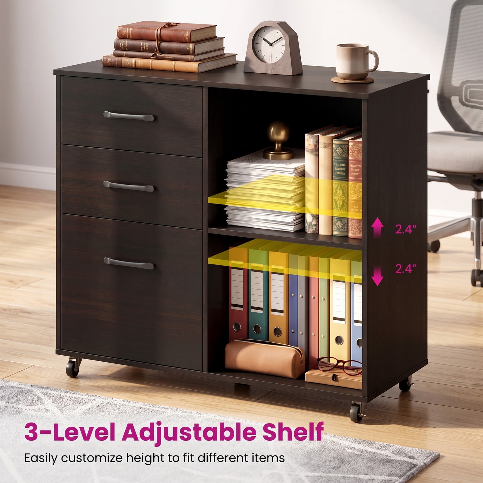 Furnibear 3-Drawer Mobile Lateral File Cabinet Printer Stand, Rolling Wood Filing Cabinet with Lockable Casters and Adjustable Shelf for Home Office, Fits, Dark Brown
