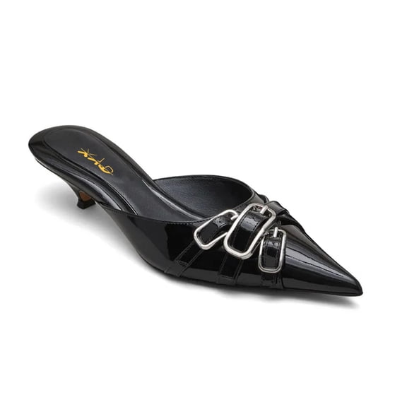 XYD Women Mules Layered Buckles Pointed Toe Tapered Low Heel Slippers Slip-on Fashion Sandals Casual Dressy Shoes Size 7 Black