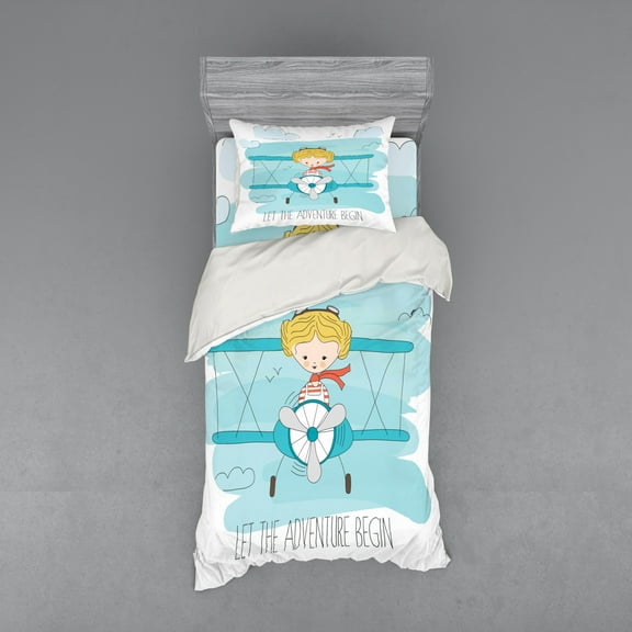 Ambesonne Adventure Bedding Set 3 Pcs, Girl on Plane, Twin XL, Dark Coral Pale Blue