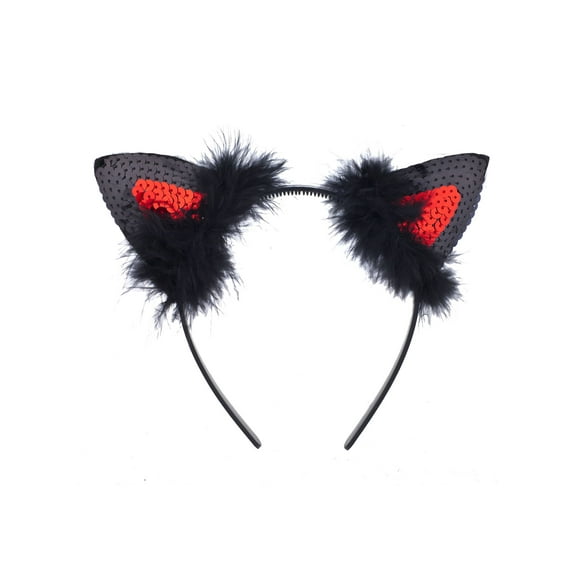 Lux Accessories Black Red Sequined Cat Ears Furry Cute Fun Fashion Headband