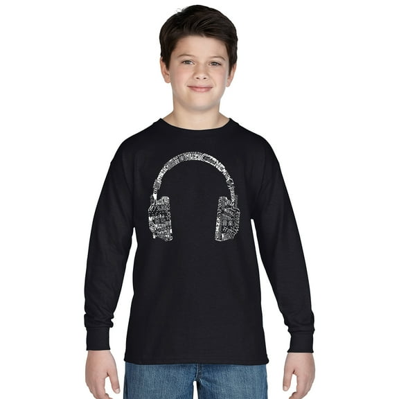 LA Pop Art Boy's Word Art Long Sleeve - HEADPHONES - LANGUAGES
