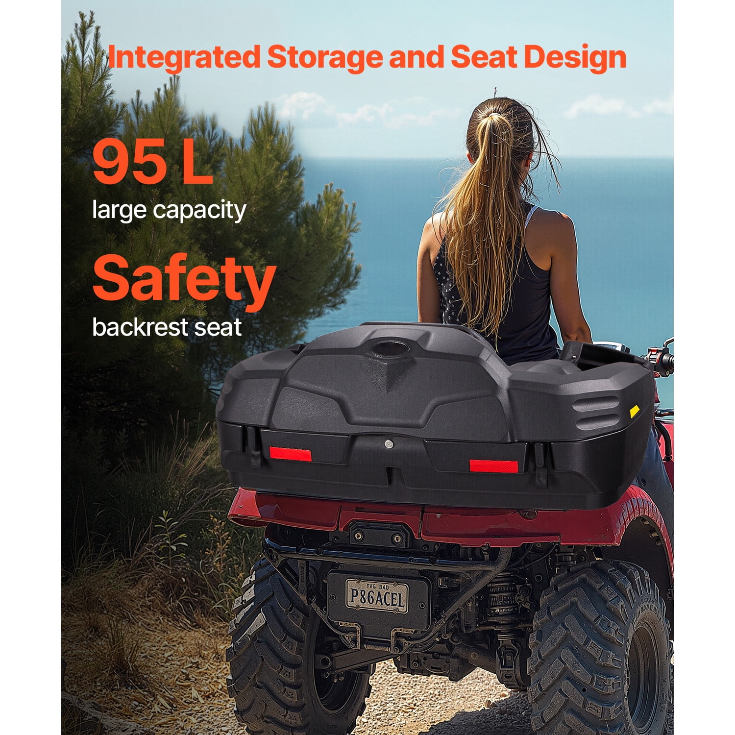 KFFKFF 95L ATV Rear Storage Box with Seat and Backrest, Durable Waterproof LLDPE Lockable Cargo Box for Rear Racks, Suitable for ATV, UTV, and Can-Am Vehicles