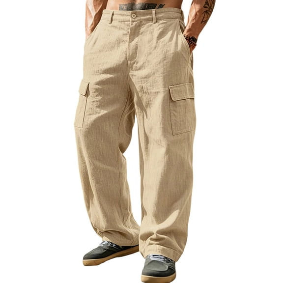 Mens Baggy Cargo Pants Cotton Linen Button Closure Loosepants Casual Outdoors Work Khaki 2XL