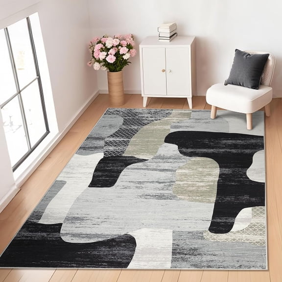 5x7 Modern Color Block Abstract Area Rug, Non Slip Washable Low Pile Stain Resistant Living Room Bedroom Carpet,Ash