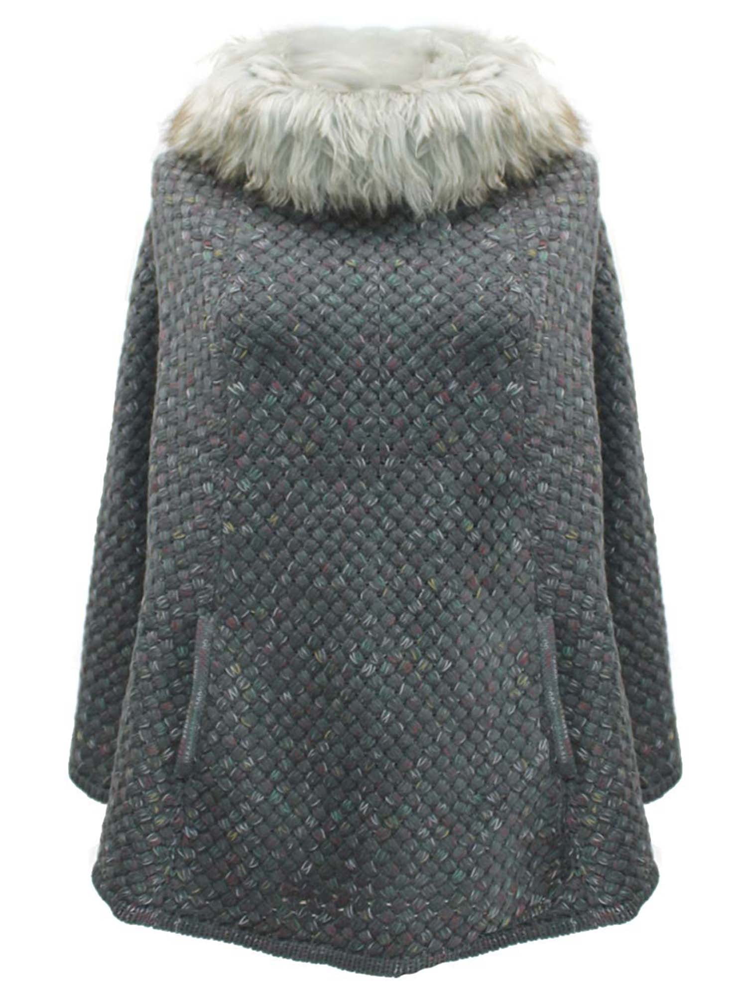Luxury Divas Gray Knit Poncho with Fur Neckline for Female Adult - Walmart.com