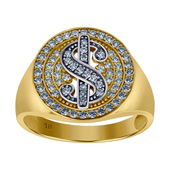 10k Two-tone Gold Mens Cubic Zirconia Dollar Sign Signet Ring 15.2x3.7mm Wide Size 10 Ring for Men
