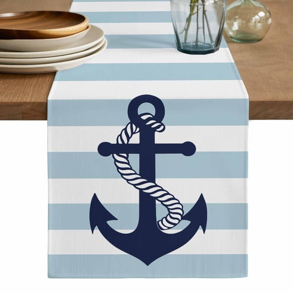 Aqua Stripe Nautical Table Runner, Navy Blue Anchor Summer Coastal Washable Cotton Linen Table Runners 60 Inches Long, Dresser Scarf Runner for Coffee/TV Stands/Kitchen/Cabinets 13''x60''