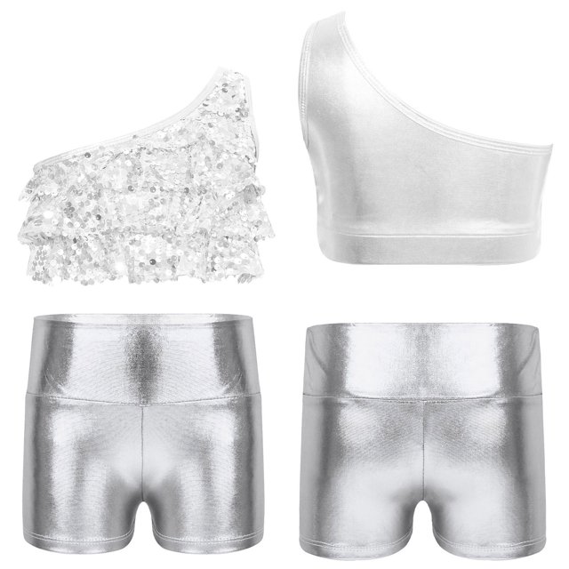 Oyolan Big Girls Gymnastic Workout Set 2PCS Crop Tops with Shorts 4-16 Years Sequins Dance Outfit Silver 10
