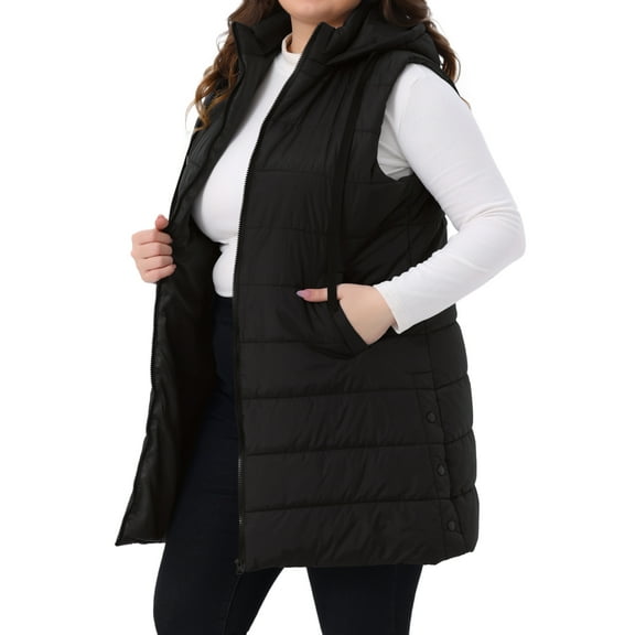 DARING DIVA Women's Plus Size Long Hooded Zip Up Puffer Vest 1X Black