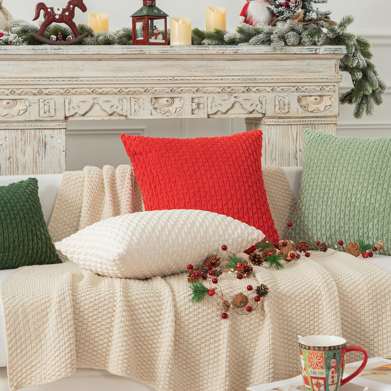 Holzlrgus Set of 2 Decorative Pillow Cover Solid Striped Corduroy Plush Velvet Cushion Cover for Couch, 50cm, 20 x 20 Inch, Cream
