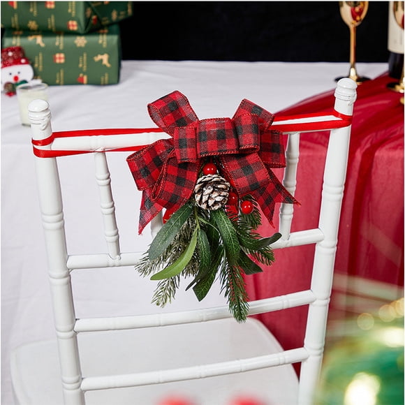 Red Christmas Chair Back Flowers with Bow - Holiday Banquet Aisle Decoration for Chairs