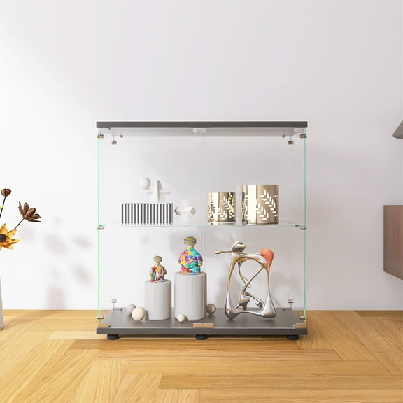 2-Tier Glass Display Cabinet, 2-Shelf Curio Cabinets with Double Door, 4mm Tempered Glass, Large Capacity, Floor Standing Bookshelf For Living Room Bedroom Office 35.35'' H x 31.69'' L x 14.37'' W