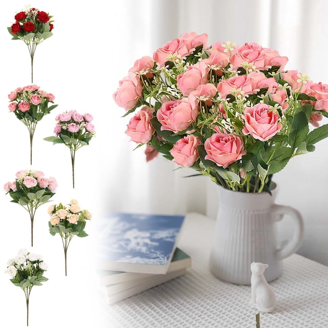 Ramo de rosas artificiales 28-32 cm flores de seda decoración para el hogar centro de mesa de boda realista listo para regalar flores eternas de bajo mantenimiento 1 pieza