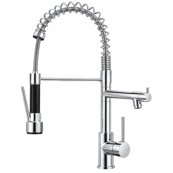 WSA Spring Kitchen Faucet with Pull Down Sprayer High Arc 360° Swivel Double Spouts Single Handle Single Hole Stainless Steel Kitchen Sink Tap for Farmhouse RV Bar Laundry Sink (Silver)