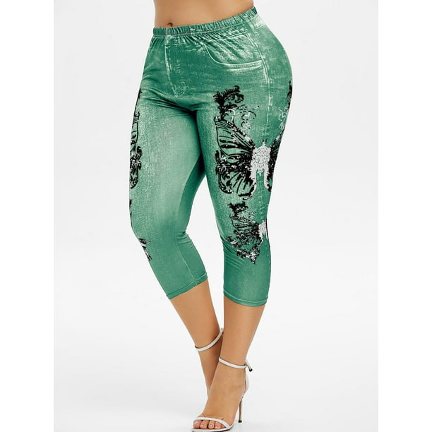 Plus tamaño de impresión de la mariposa Faux Denim Leggings Rosegal Leggings de talla grande