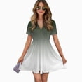 thumbnail image 2 of Aesthetic Bottle Green And White Gradient Women Dress V-Neck Short Sleeve Flowy Swing Party Midi Dress, 2 of 4