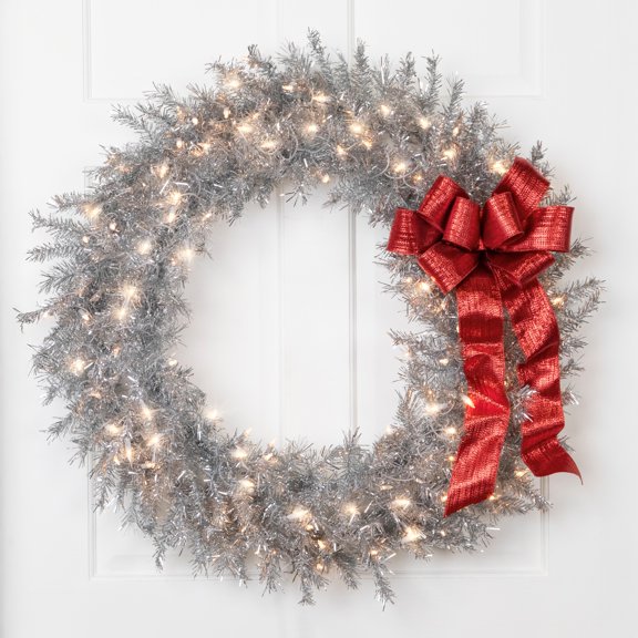 Northlight Silver Tinsel Pre-Lit Artificial Christmas Wreath with Clear Lights