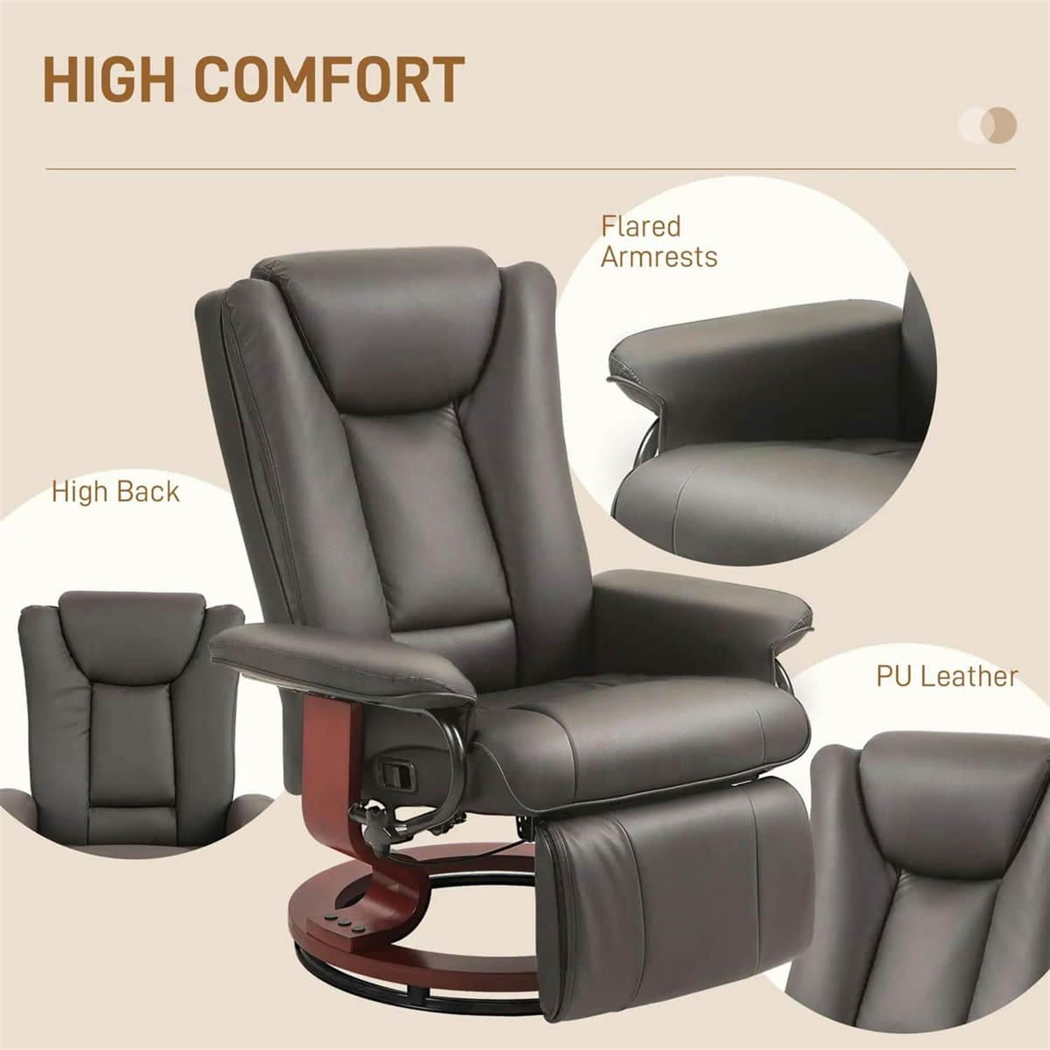 Demi Bonn 40" Modern RV Recliner, High-Quality PU Leather Swivel Armchair with Footrest for Living Room, Brown