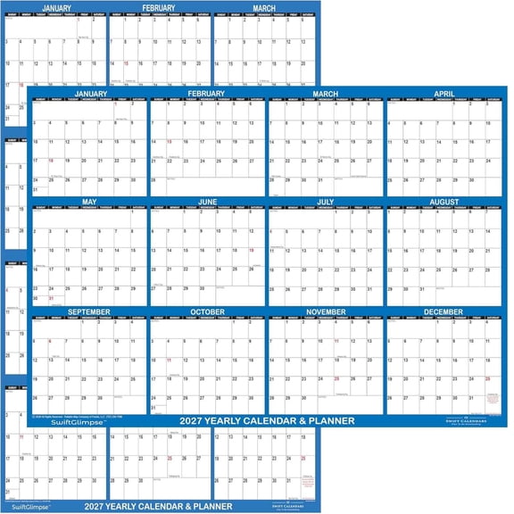 24" x 34" 2027 Wall Calendar Erasable Large Wet & Dry Erase Laminated 12 Month Annual Yearly Wall Planner, Reversible, Horizontal/Vertical, Dark Blue(24" x 34")
