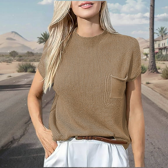 Vmvidoty Womens Knit Tops 2026 Spring Summer V Neck Shirts Casual Trendy Women's Blouses Basic Tee Khaki L