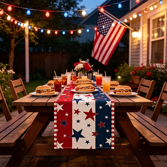 Independence Day Table Runner, American Red, Blue and Red Star Patriotic Fourth of July Table Runner 13 x 72 Inch