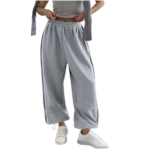 hlysgo Track Pants for Women Wide Leg High Waisted Baggy Joggers Pant Side Stripe Drawstring Ankle Trousers with Pockets Gray,XL
