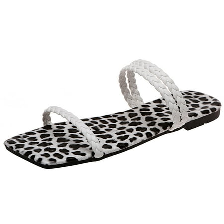 

Comfortable Sandals for Women Summer Womens Ladies Flat Leopard Printed Squared Toe Slippers Shoes Pu