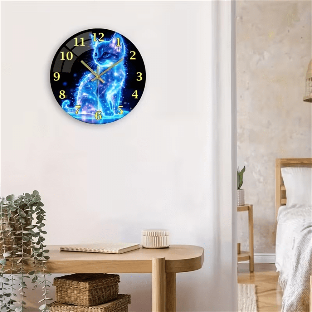 VOCOO 12 Inch NeonCat Glass Wall Clock, Non-Ticking, Battery Operated,Silent Quartz Easy-to-Read for Home, Office, Kitchen Decor