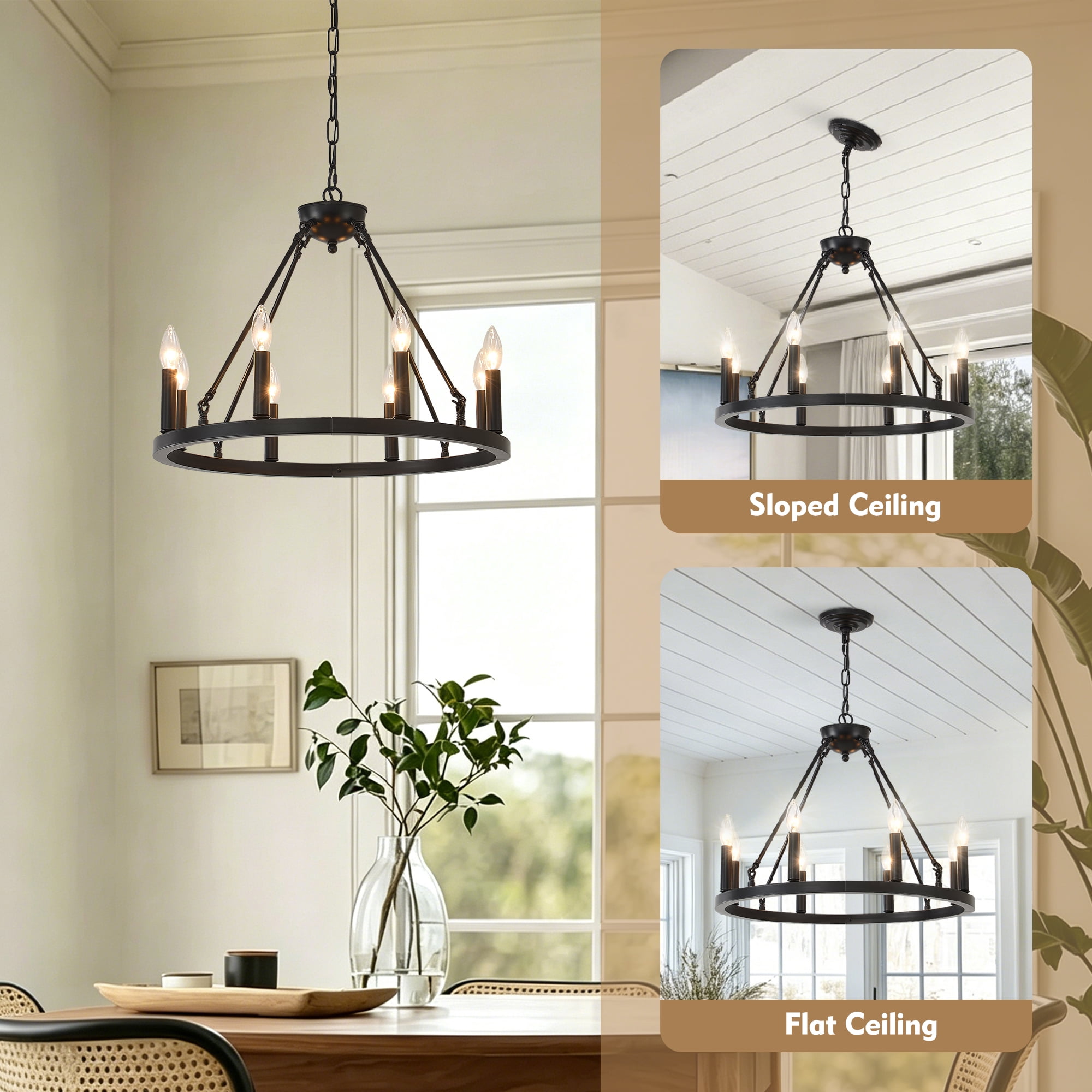 8-Light Black Farmhouse Industrial Wagon Wheel Chandelier, Rustic Metal Ceiling Light Fixture