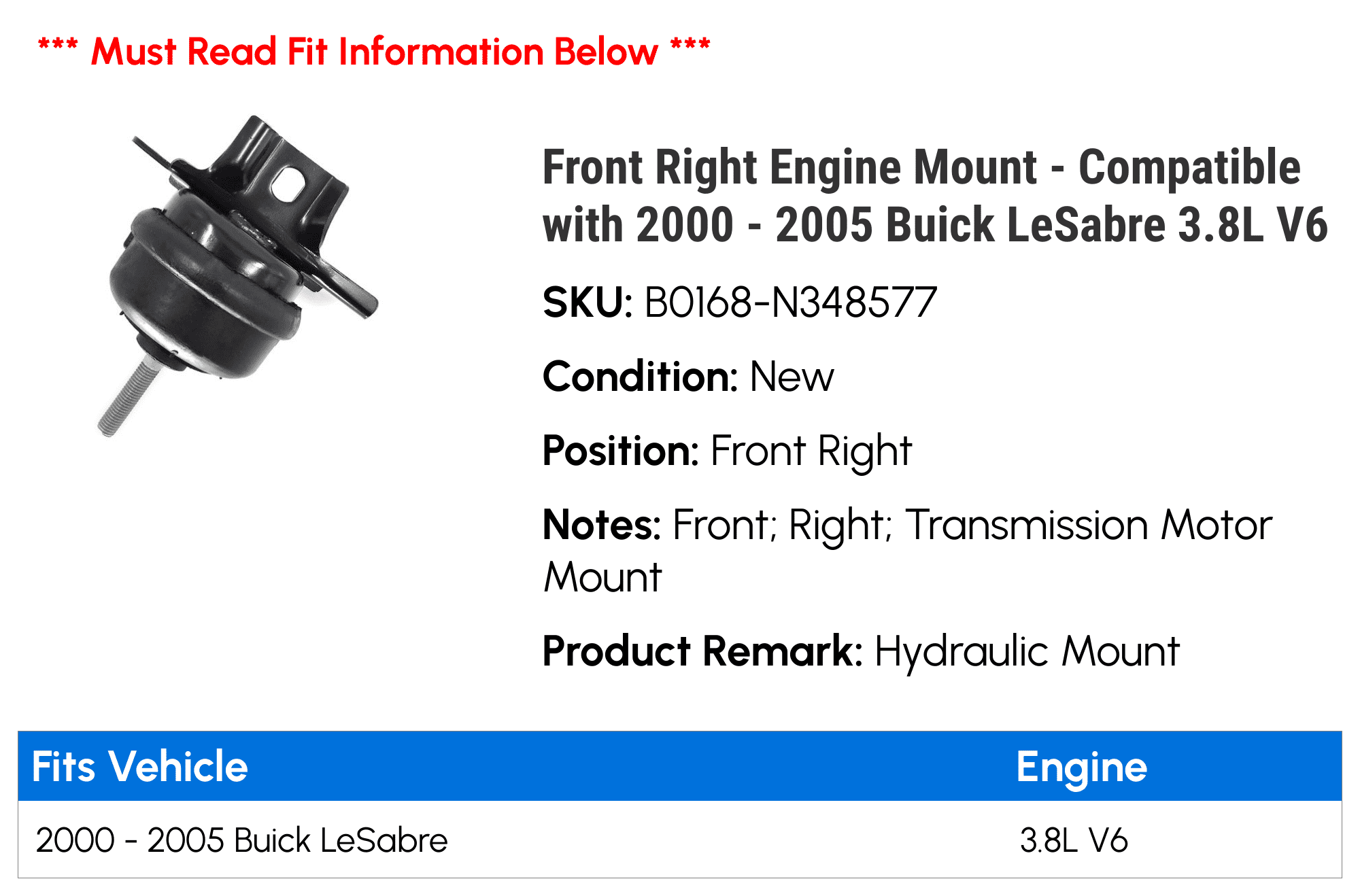 Front Right Engine Mount - Compatible with 2000 - 2005 Buick LeSabre 3.8L V6 2001 2002 2003 2004