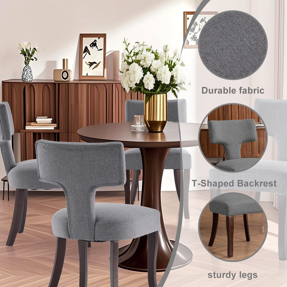 Mid Century Modern Wooden Dining Chairs Set of 6, Upholstered Side Dining Chairs with Curved Back Linen Fabric Armless Wood Chairs Kitchen & Dining Room Farmhouse Chairs (Gray)