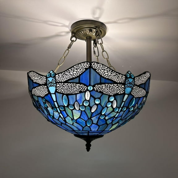 Tiffany Ceiling Lights Blue Stained Glass Dragonfly LED Bulbs Included for Bed Room Living Room Entryway 16"W*16"D*16"H