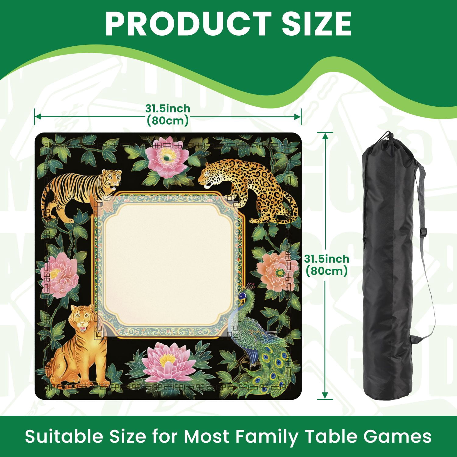 Mahjong Mat 31.5" x 31.5" Ornamental Tiger Leopard Peacock Pink Peonies Green Foliage Black Non-Slip Noise Reduction American Mahjong Tiles Table Cover for Dominoes Poker Card Board Games Gift