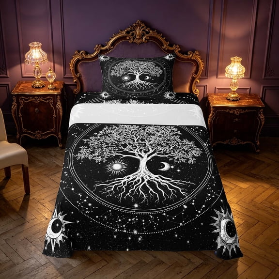 Homewish Hippie Tree of Life Twin Sheets, Cosmos Stars Moon Sun Bedding, White Black, 3-Piece, 1 Flat Sheet, 1 Fitted Sheet and 1 Pillowcase