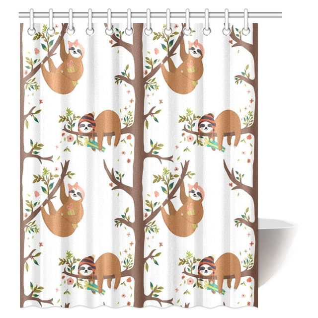 ABPHQTO Lindo bebé perezoso cortina de ducha dibujos animados divertidos perezosos en el árbol tela baño decoración ducha cortina conjunto con ganchos 150x180 cm