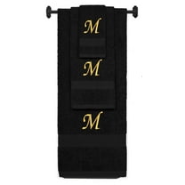 Custom Embroidered Terry Cotton Ring Spun Bath Towel, Hand Towel And Washcloth Set - Black Towel Set, Gold Chancery Initial M