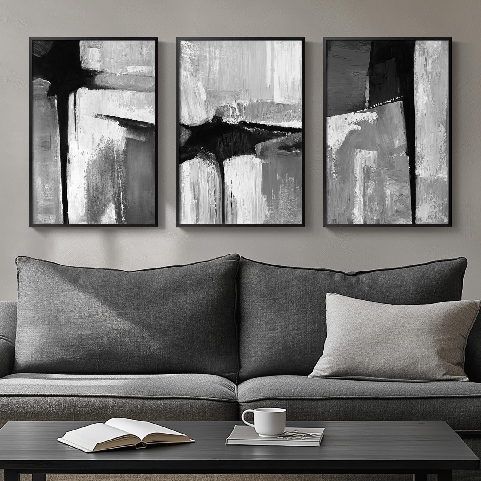 Black White Gray Abstract Wall Art Prints Set Of 3 Minimalist Modern Decor
