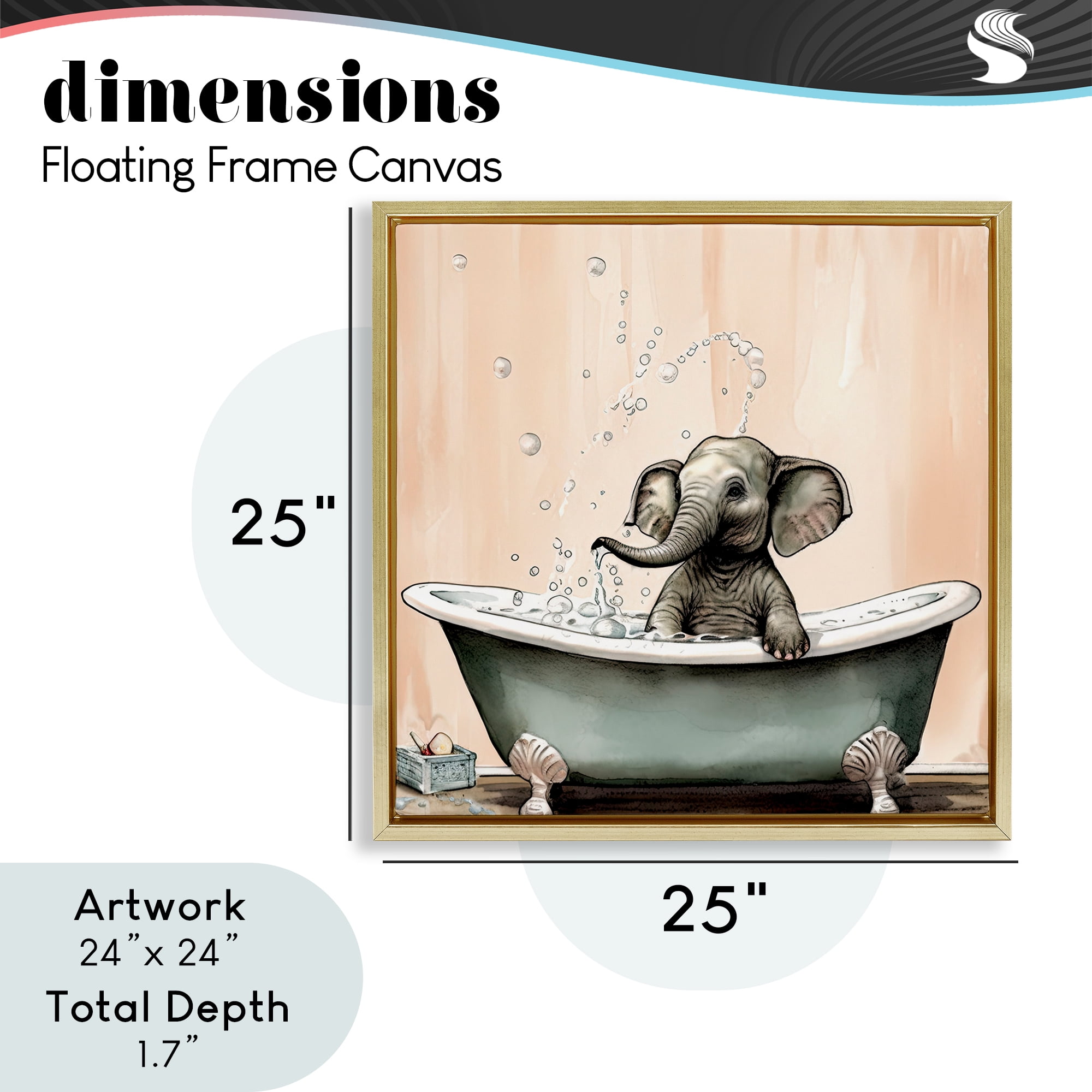 Baby Elephant Bubble Bath Gold Framed Floater Canvas Wall Art, design by Sasha