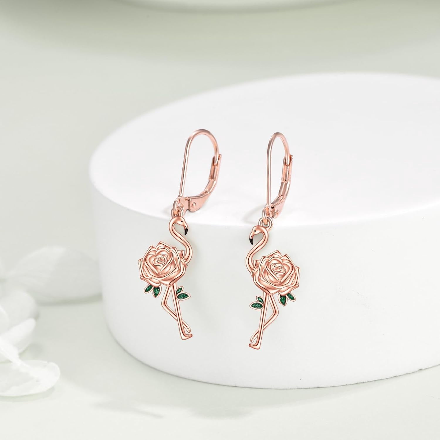 Flamingo Earrings Sterling Silver Flamingo Rose Flower Dangle Dangly Drop Charm Leverback Earrings Bird Jewelry Gifts for Women