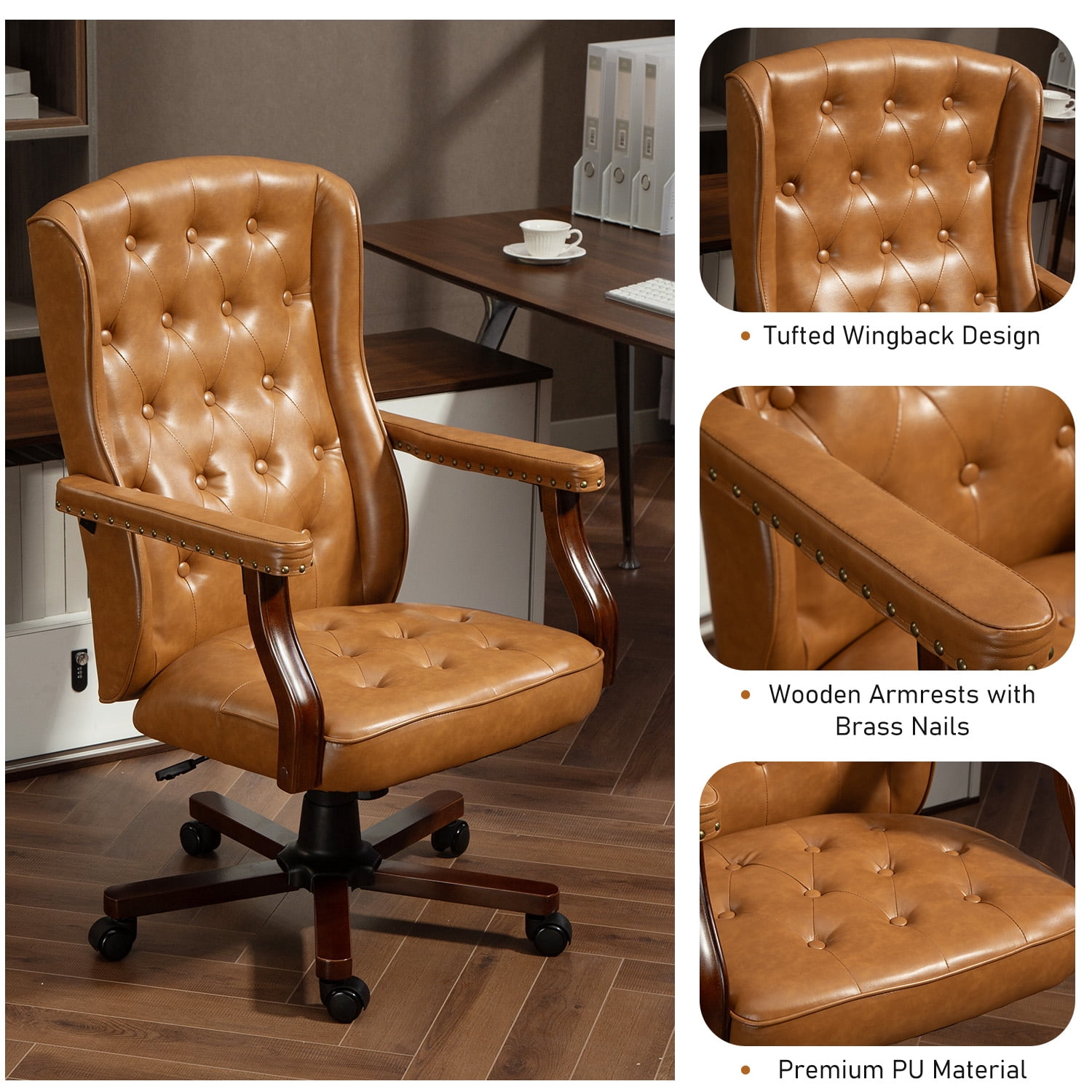 Homhum Ergonomic Executive Office Chair, Tufted Faux Leather Swivel Home Office Desk Chair, Brown