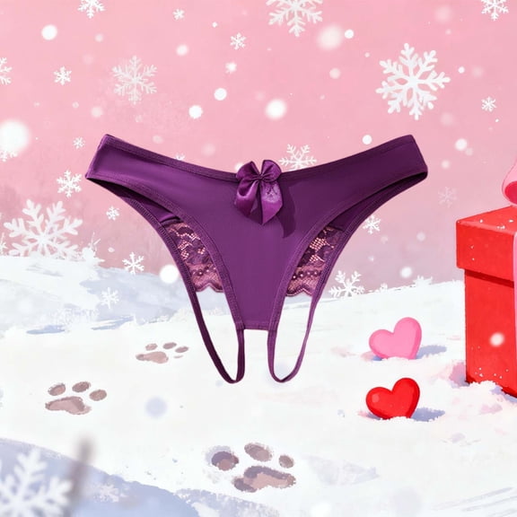 Avrnliq Comfortable Womens Seamless Lace Thong, Bow Accent Soft Underwear, No Show Feminine Lingerie, Purple, Sizes S-XL,Size S