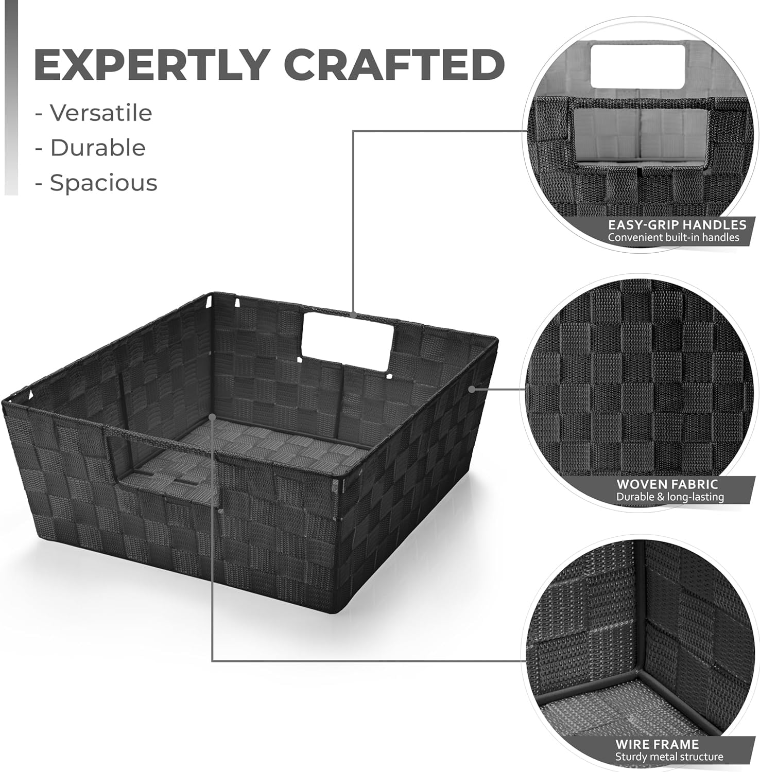 Sorbus Woven Basket Bin Set - Stackable Shelf Storage Tote Baskets with Built-in Carry Handles (Black)