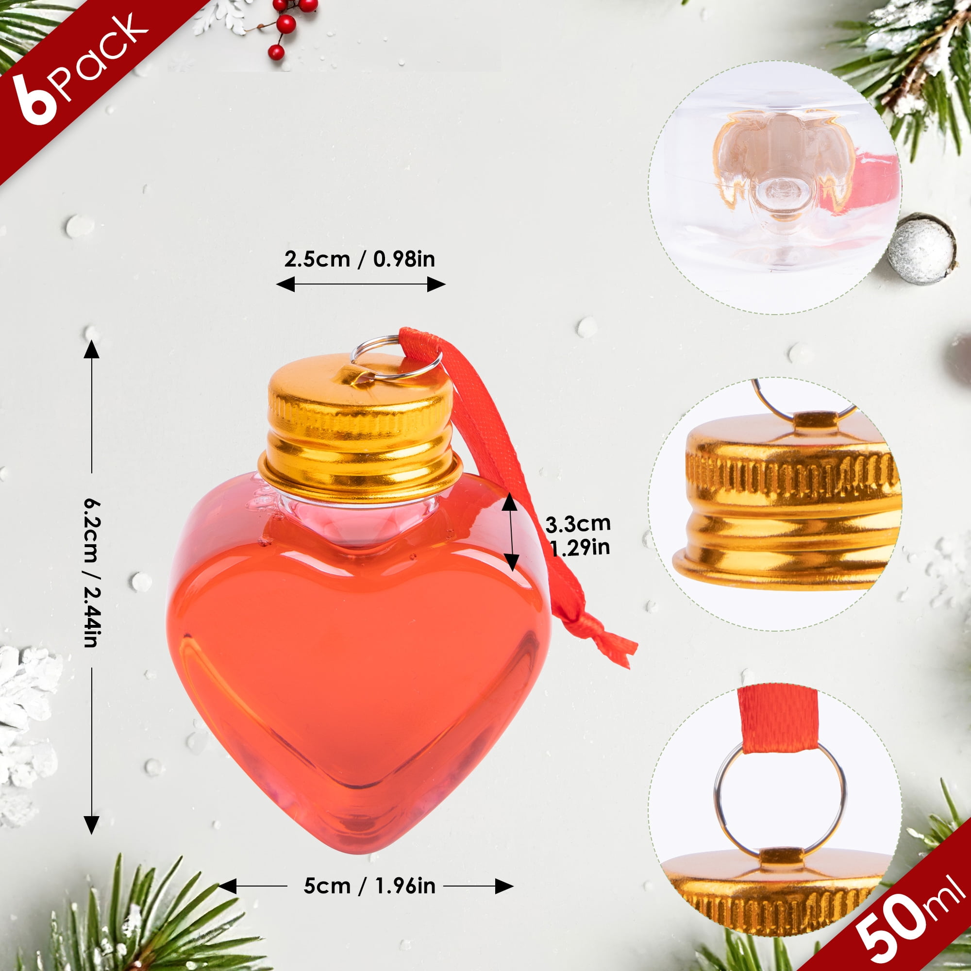 Fillable Christmas Ornament Drink Balls, 6-Pack 50ml Clear Plastic Heart-Shaped Hanging Decorations for White Elephant and Holiday Trees