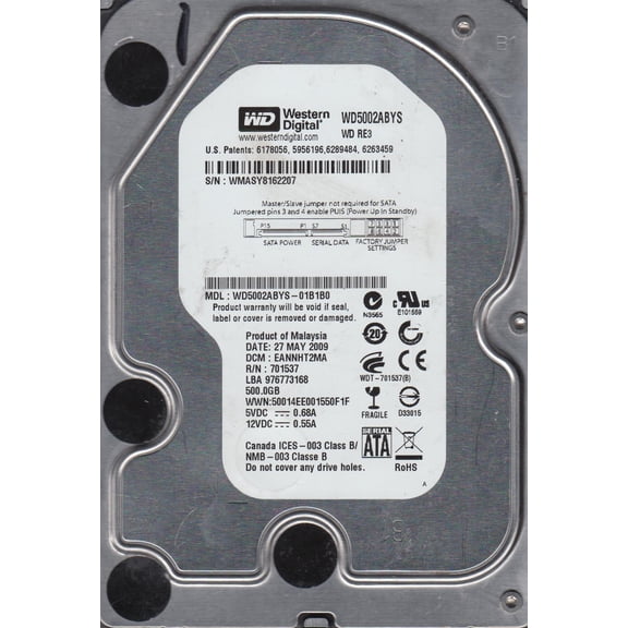 WD5002ABYS-01B1B0, DCM EANNHT2MA, Western Digital 500GB SATA 3.5 Hard Drive