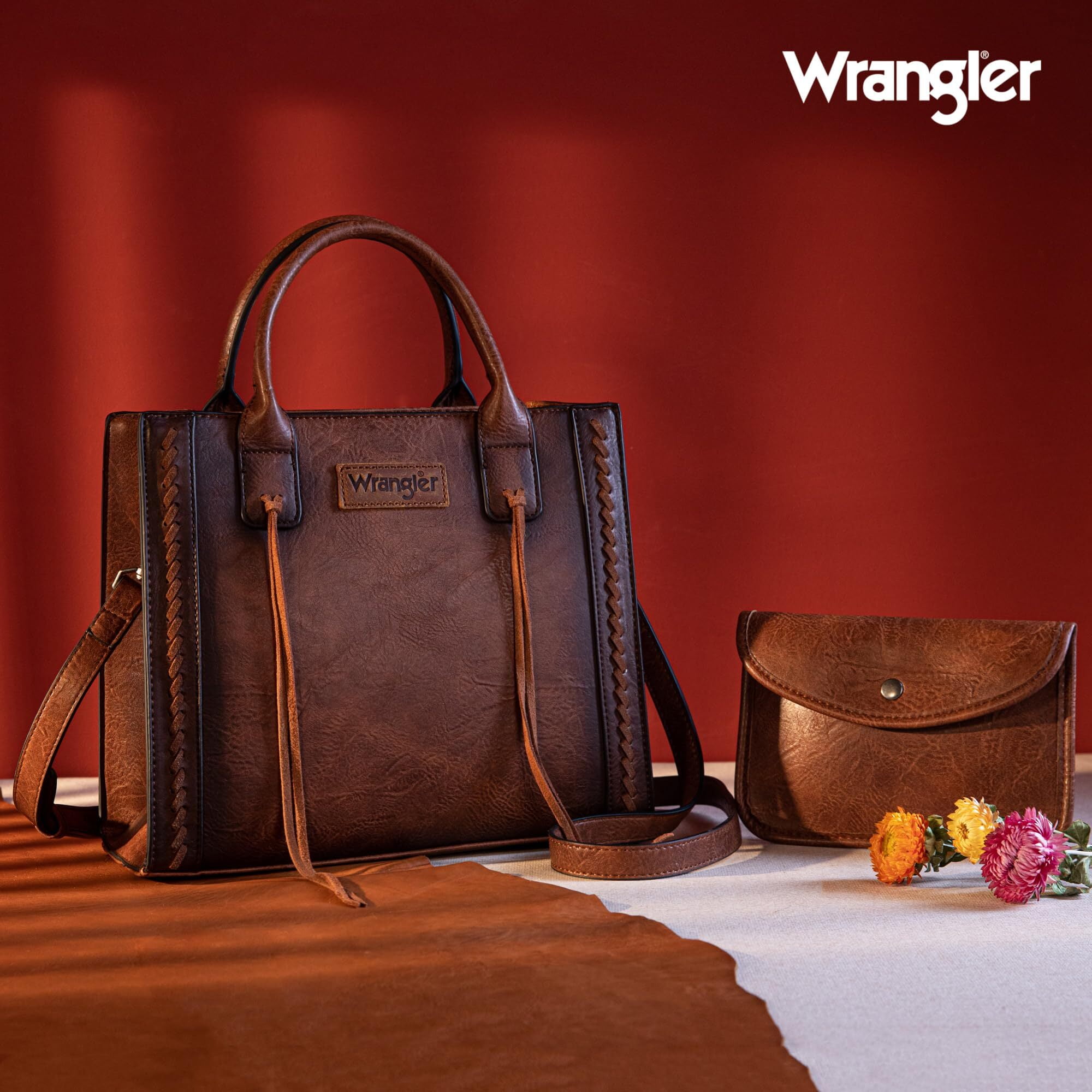Wrangler Tote Bag for Women Western Cowhide Purse and Wallet Set, Dark Brown