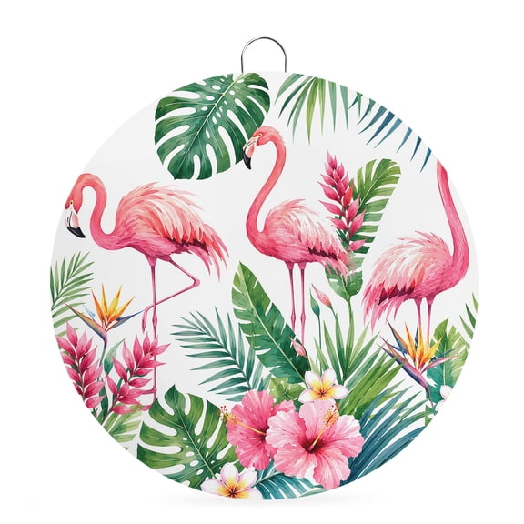 Welcome Sign for Front Door, Pink Flamingos Round Metal Wall Art Wreaths, Watercolor Summer Botanical Tropical Outdoor Indoor Wall Hanging Sign for Porch Decor Housewarming Gifts 7.9 Inch