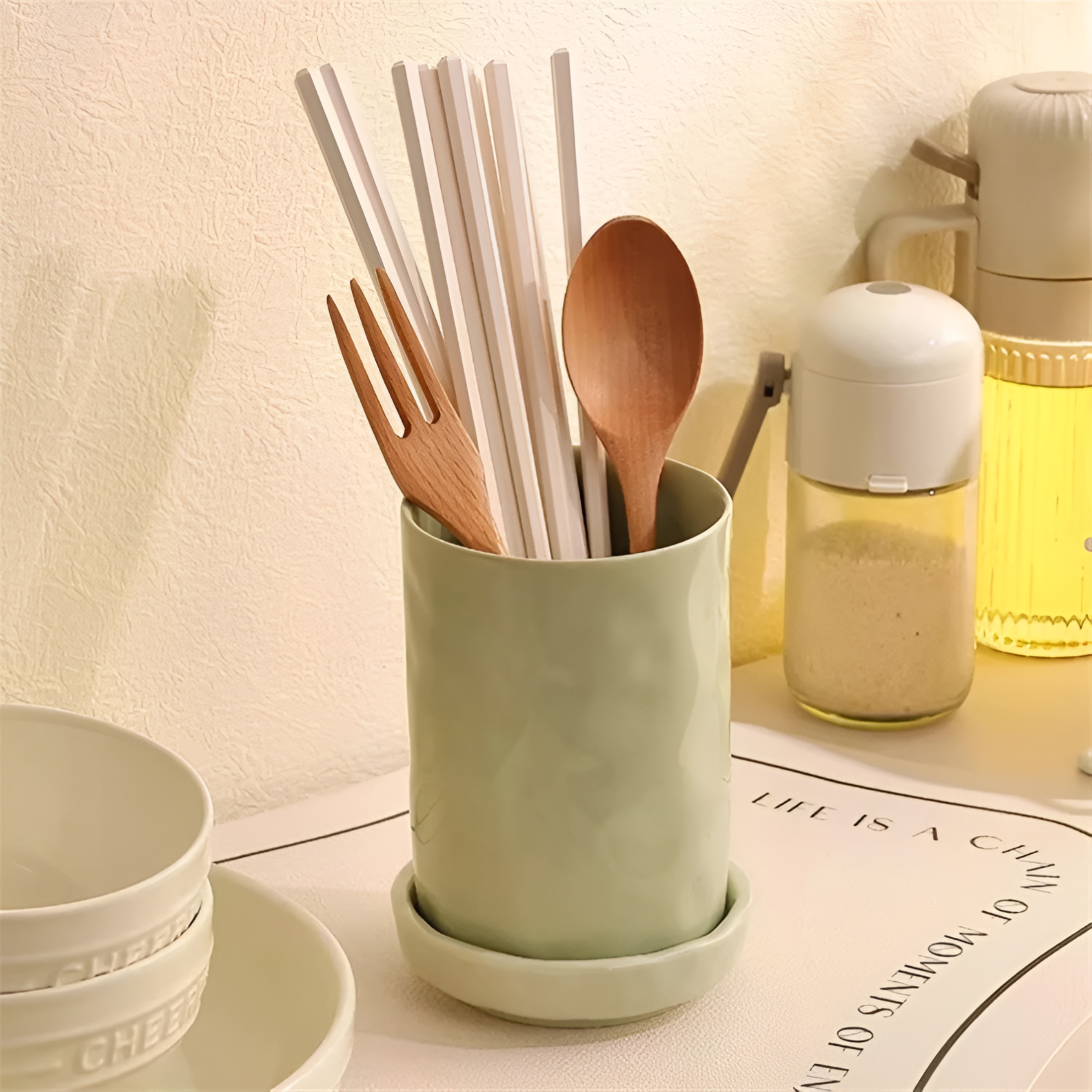 ACDANC 2026 New Kitchen Utensil Holder for Countertop - Ceramic Utensil Crock,Spoon Chopsticks Fork Drain Rack - Kitchen Decor Utensil Organizer with Drain Tray for Kitchen,Countertop,Dining
