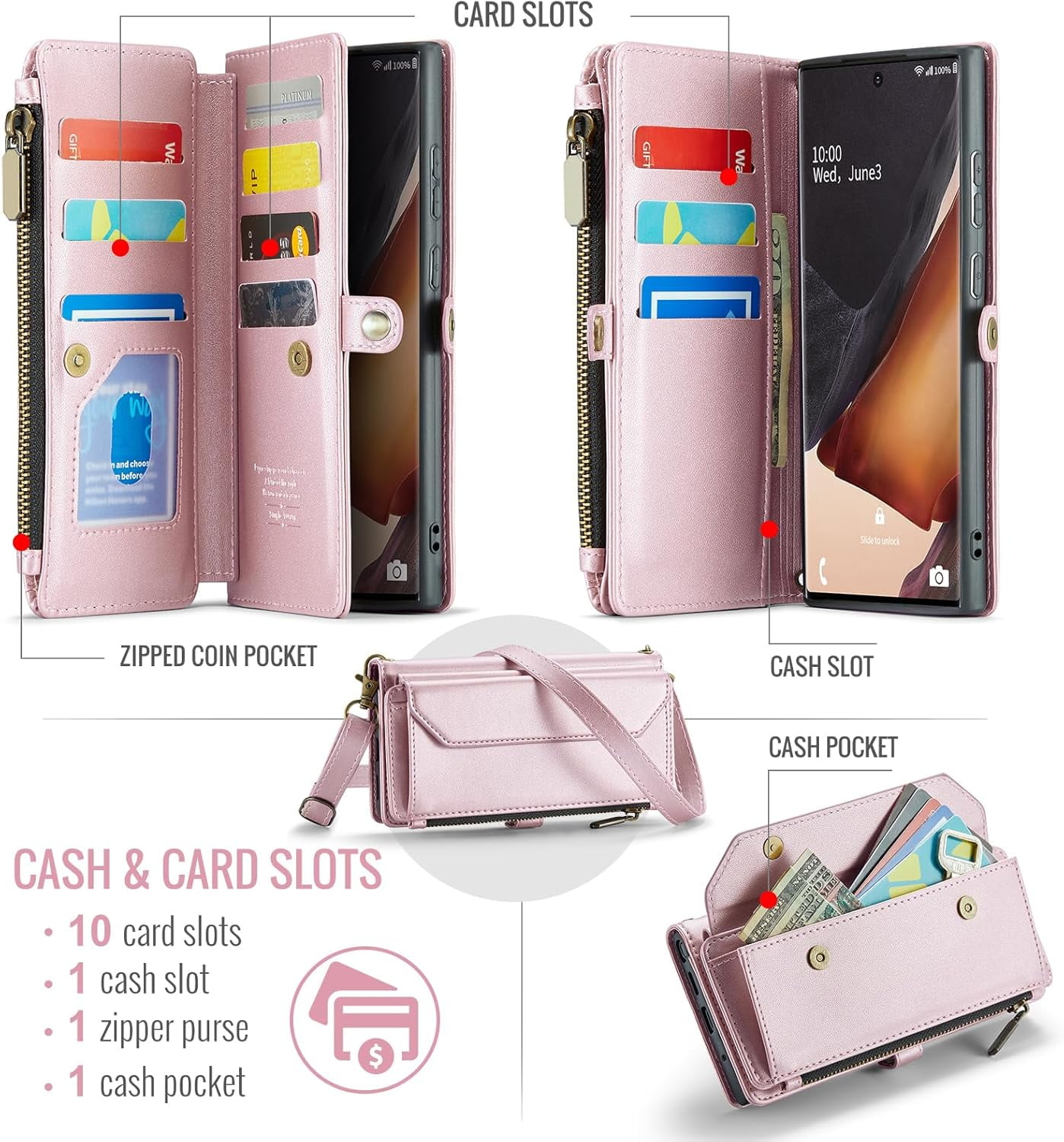 Phone Case for Samsung Galaxy Note 20 Ultra 5G Zipper Wallet Cover with Screen Protector Flip RFID Blocking Card Holder Cell Note20 Plus Notes 20Ultra Note20+ U + 20+ Twenty Not S20 Women Rose Gold