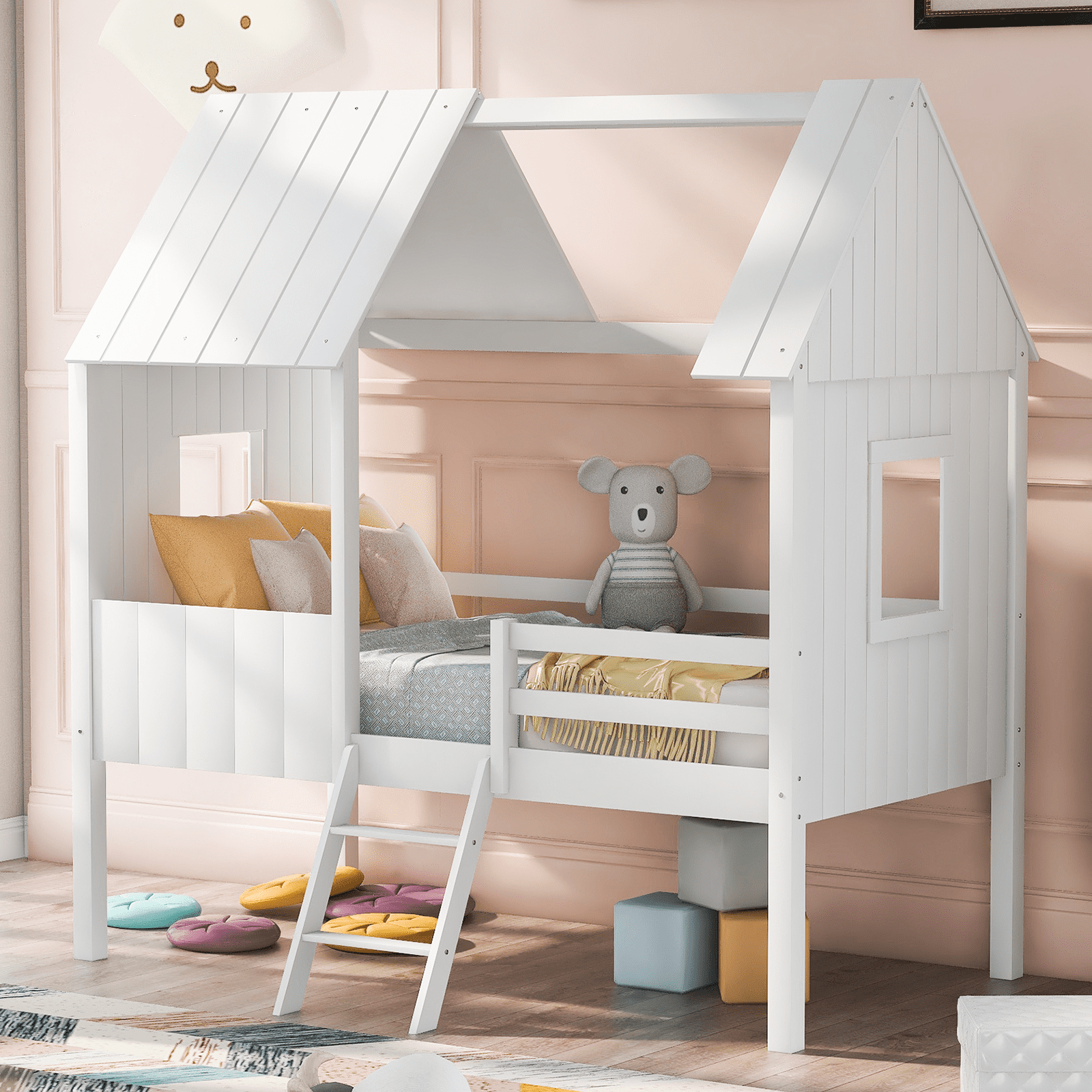 Modstyle Twin House Bed, Low Loft Bed with Two Windows and Ladder