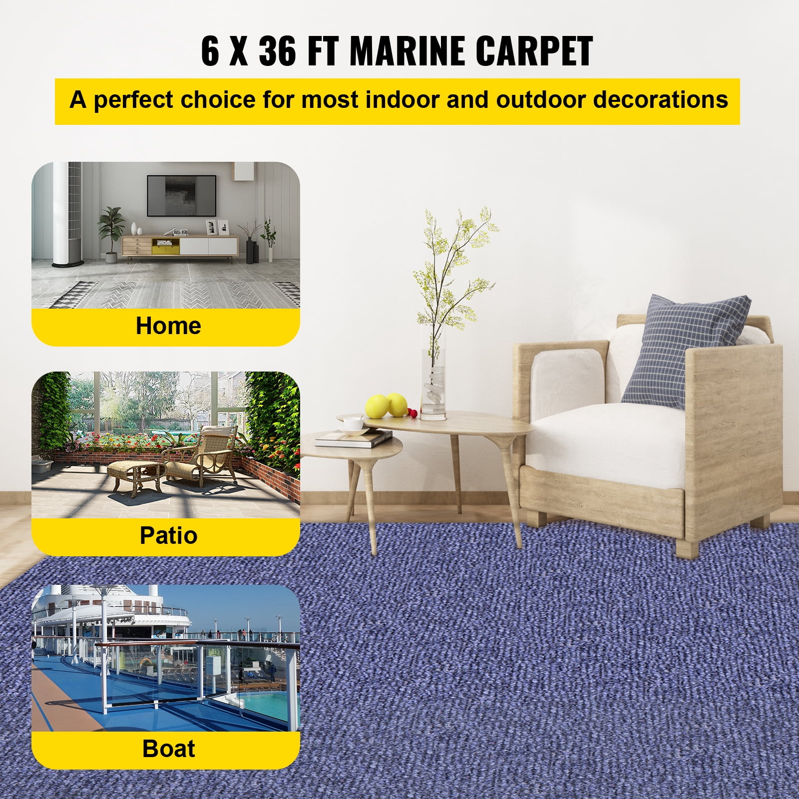KFFKFF 6x36 ft Marine Carpeting Marine Grade Carpet Blue Marine Carpetfor Boats with Waterproof Back Outdoor Rug for Patio Porch Deck Garage Outdoor Area Rug Runner Anti-Slide Porch Rug